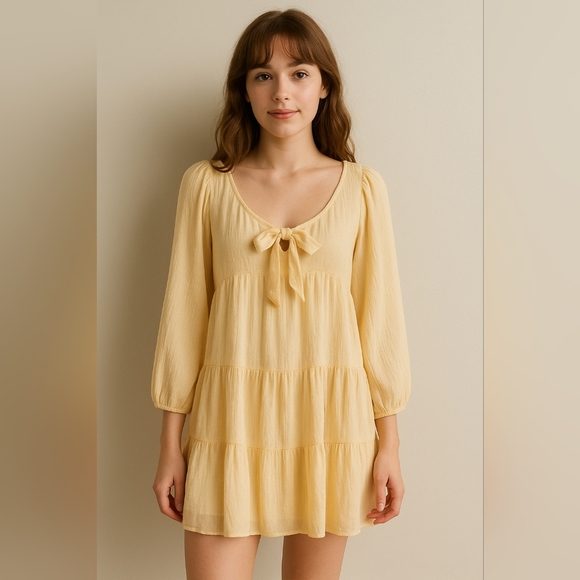 American Eagle Outfitters Dresses & Skirts - American Eagle Butter Yellow Gauze Mini‎ Dress Small Tiered Lined Boho...